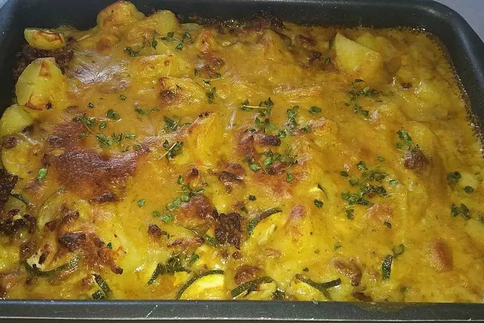 Kartoffel Hack Auflauf in Curry Käsesosse