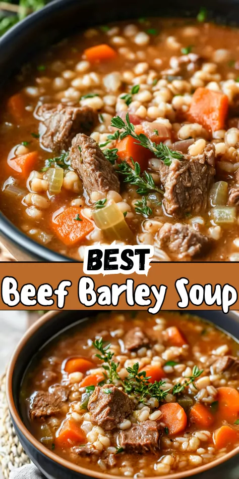 Hearty Beef Barley Soup with tender beef, plump barley, and vibrant vegetables in a rich, savory broth, garnished with fresh parsley.