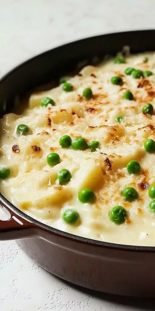 Close-up of a creamy baked potato and pea casserole topped with melted cheese, crispy bacon bits, and black pepper, served in a brown ceramic dish
