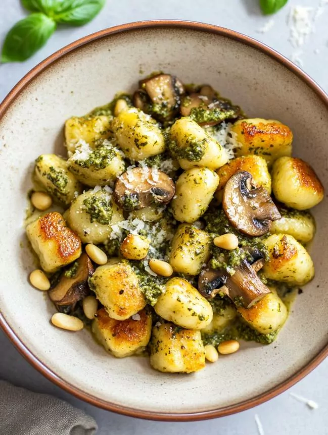 Golden-brown ricotta gnocchi, lightly crisped in butter, served with sautéed garlic mushrooms and fresh basil pesto.
