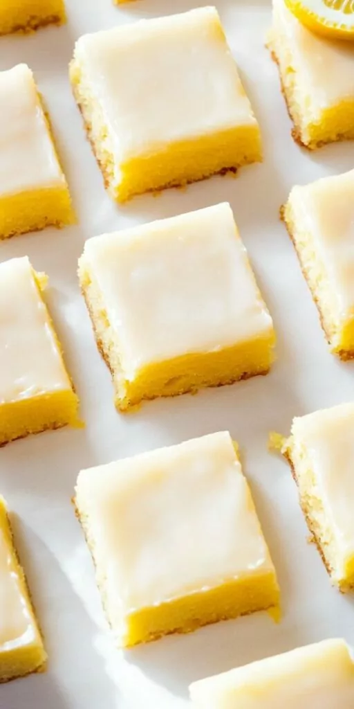 lemon brownies cut into neat squares on a white surface, each topped with a glossy, pale cream vanilla-speckled icing