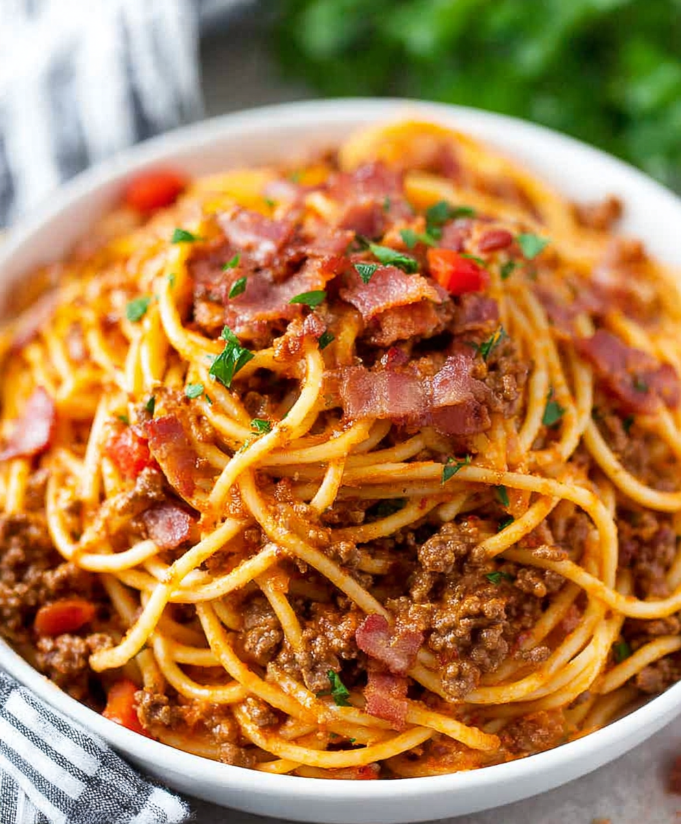 Cowboy Bacon and Beef Spaghetti