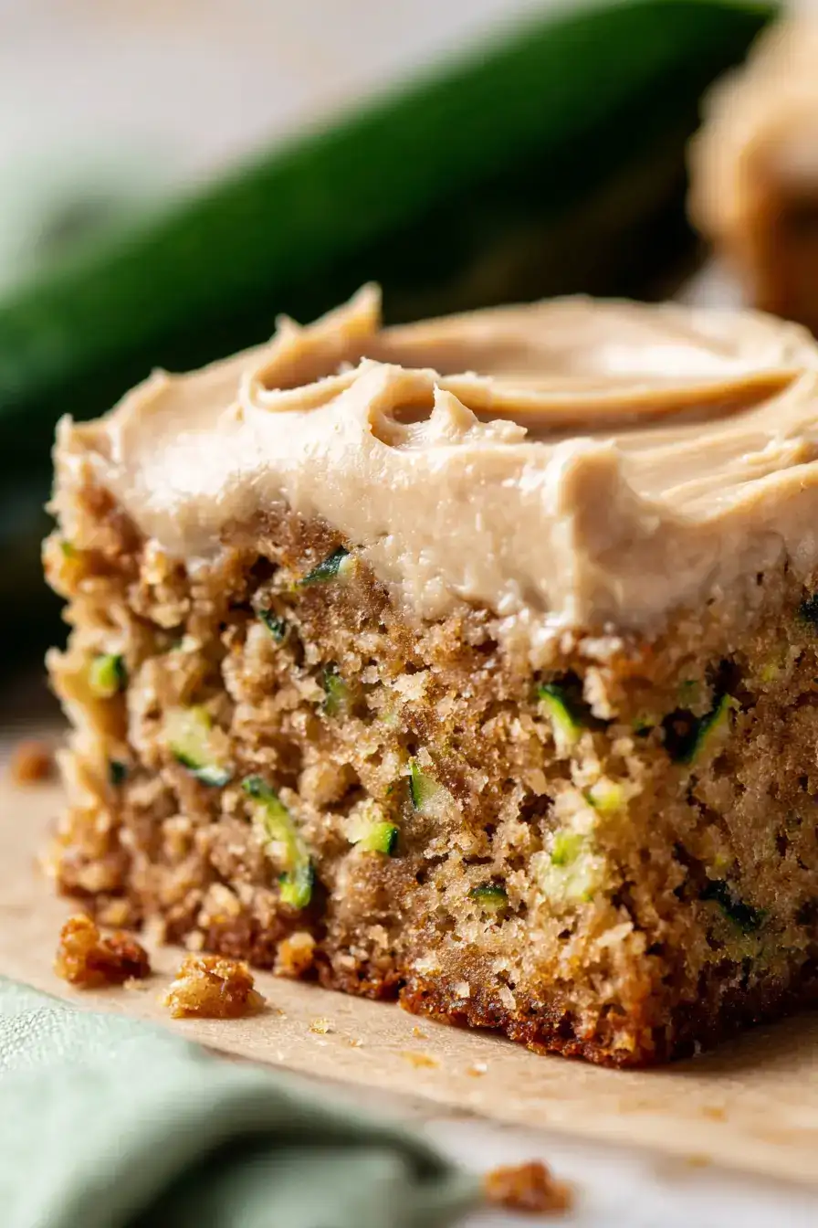 a single zucchini pecan bar sliced open on light brown parchment paper, zucchini flecks and chunky toasted pecan pieces, topped with a thick layer of smooth pale caramel-brown cream cheese frosting.